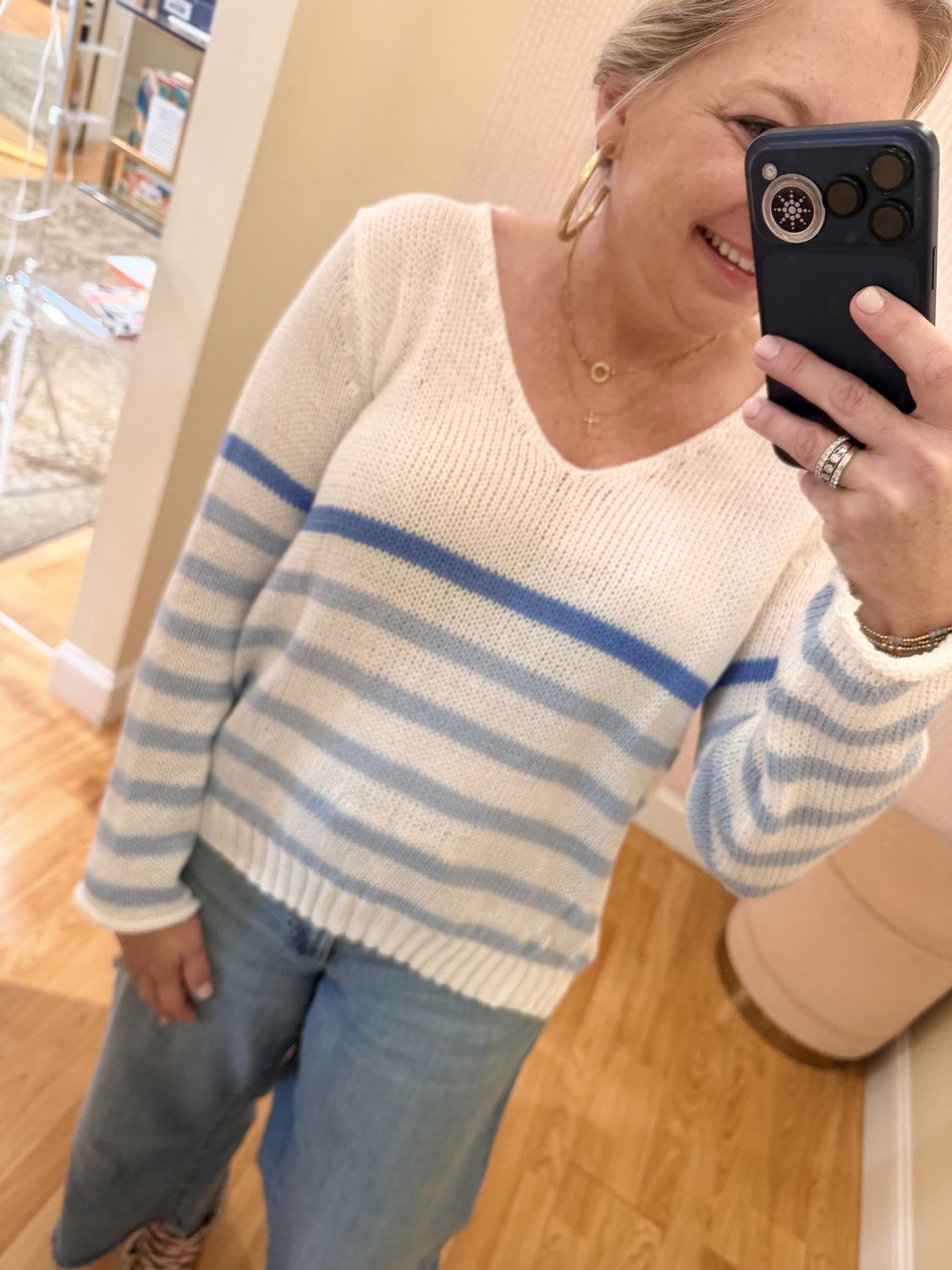 Kate Striped V Cotton, Colour: White/Blue, Size: XS/S