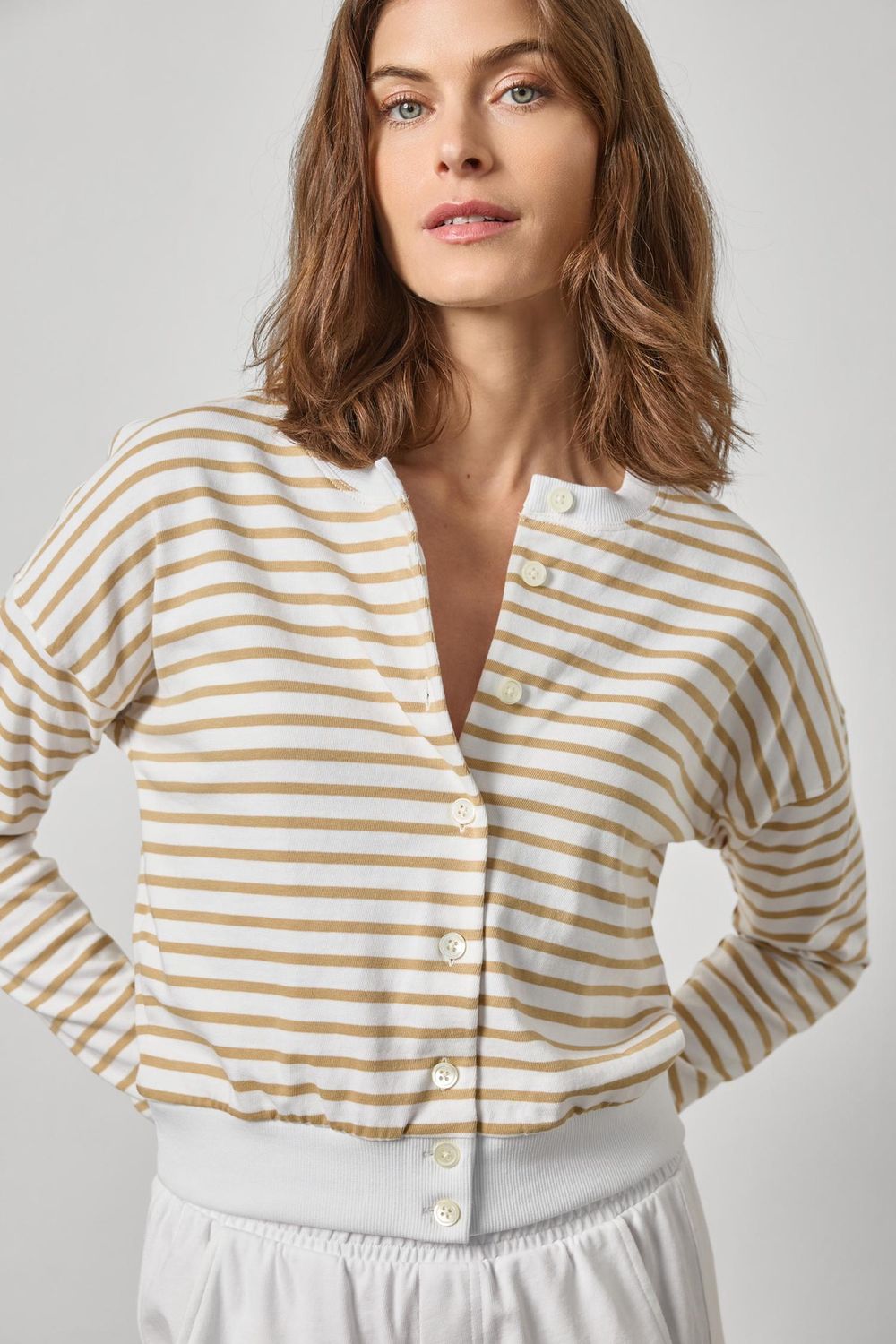 Rib Trim Cardigan, COLOR: Burlap Stripe, Size: XS