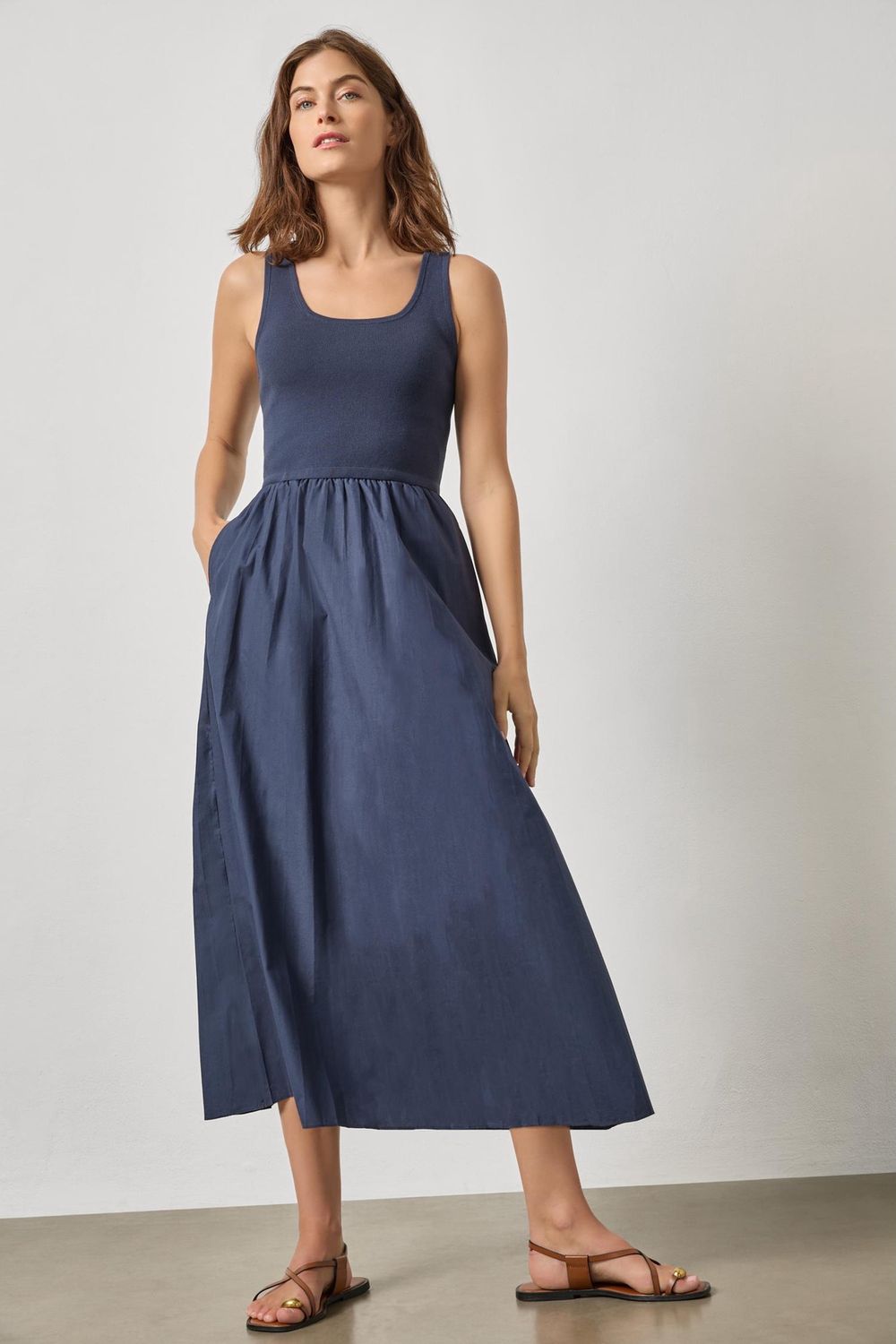 Mixed Media Scoop Neck Dress, COLOR: Navy, Size: S
