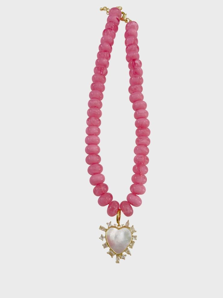 Pink Beaded Heart Charm Necklace