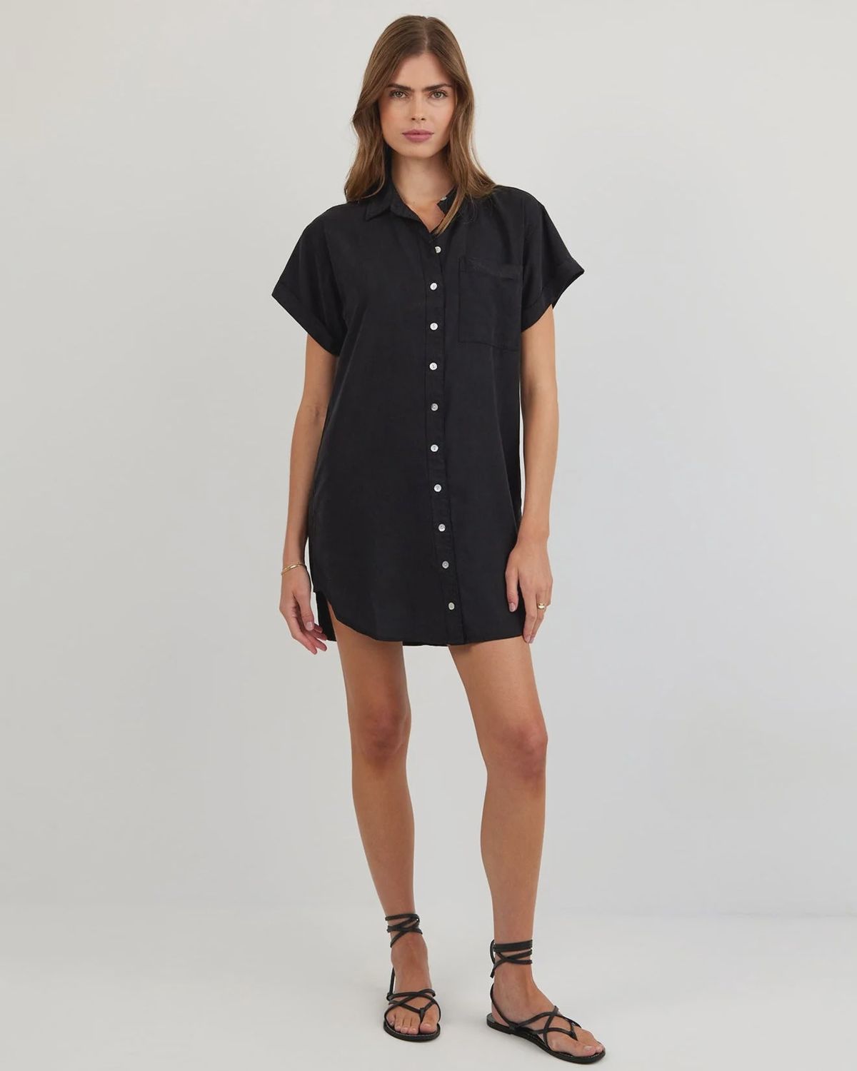 Roll Sleeve Pocket Shirt Dress, COLOR: Vintage Black, Size: XS