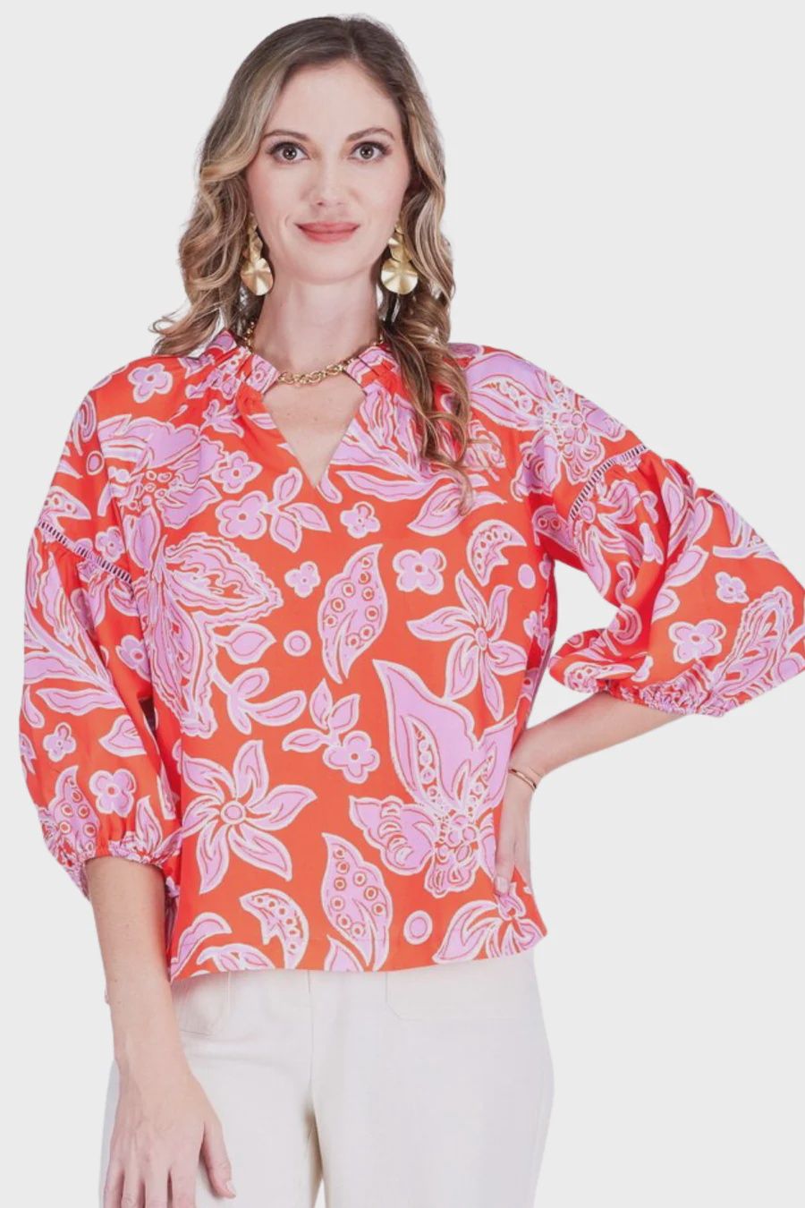 Trimmed Peasant Top, COLOR: Orange Petal, Size: XS