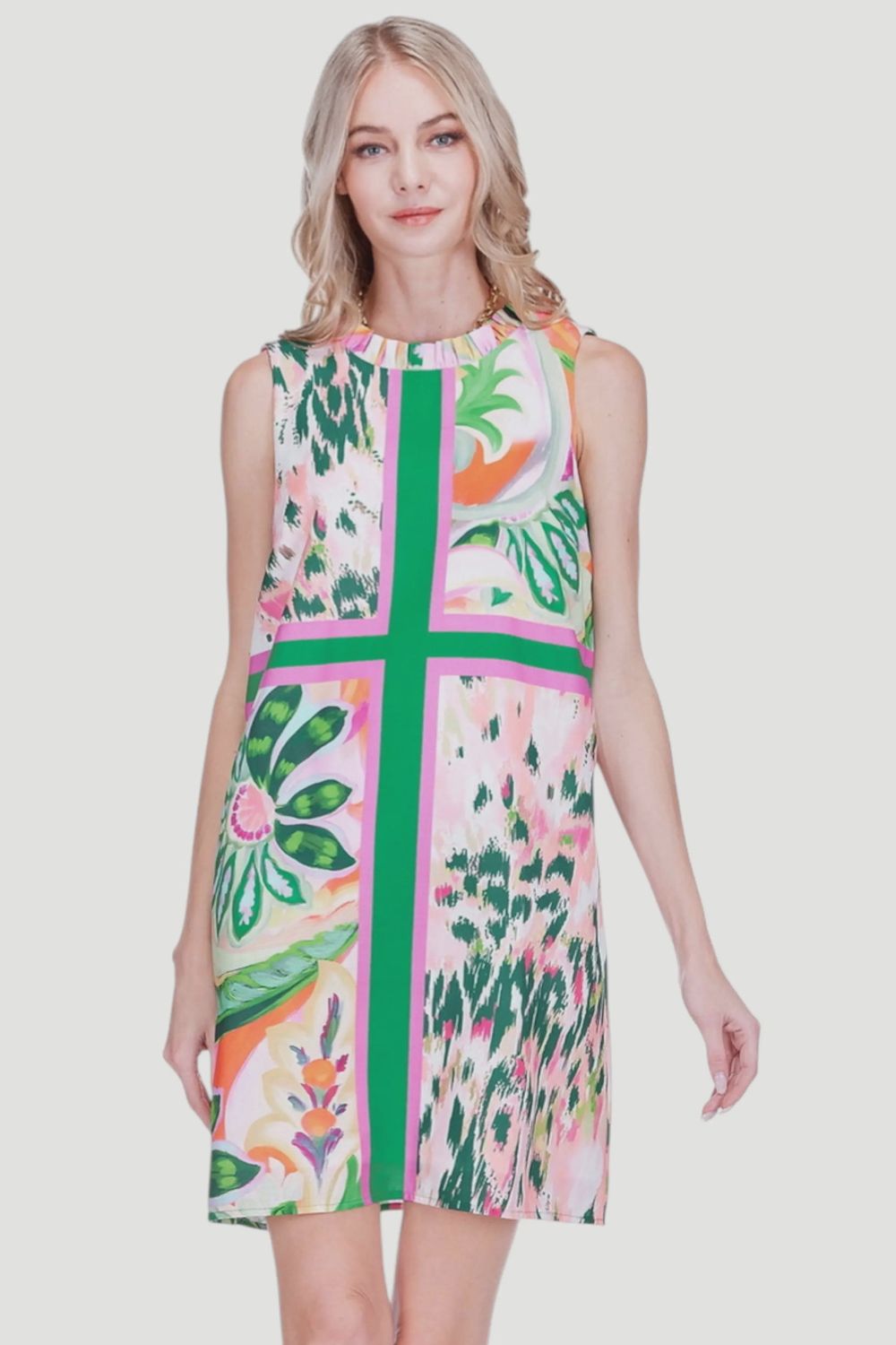 Patchwork Garden Ruffles Neck Dress, COLOR: Patchwork Garden, Size: XS