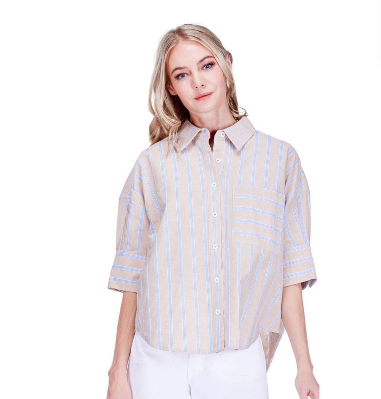 Khaki Stripe Button Short Sleeve Shirt, COLOR: Khaki Stripe, Size: XS