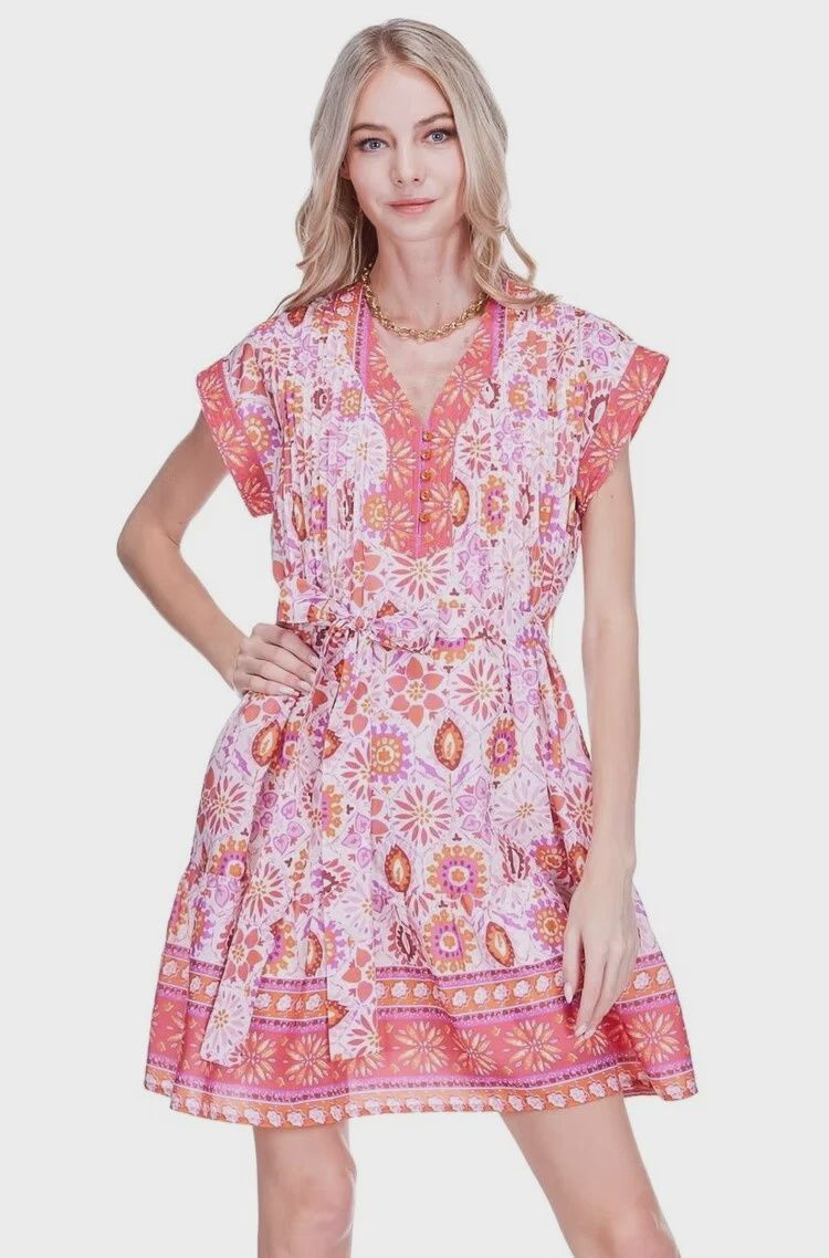 Pin Tuck Edged Dress, COLOR: Bohemian Sunburst, Size: XS