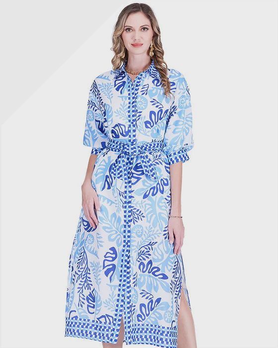 Lagoon Leaf Maxi Shirt Dress, COLOR: Blue Lagoon, Size: S