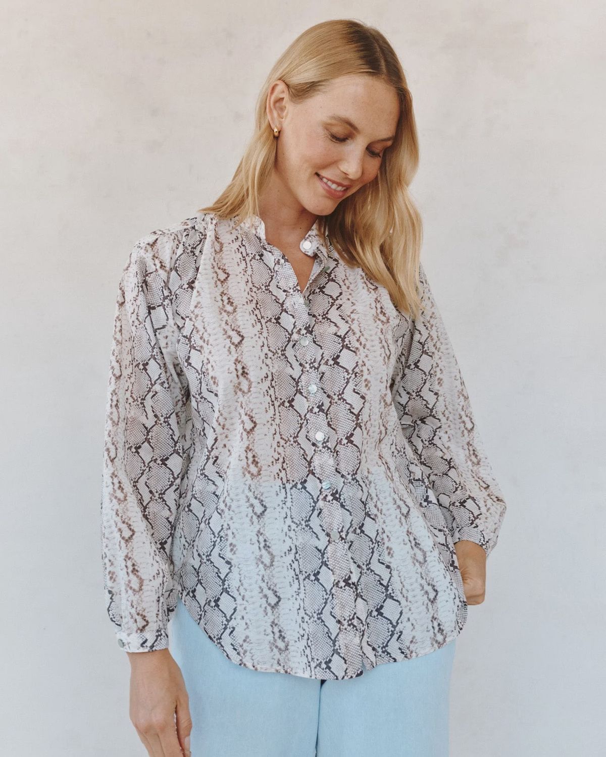 Shirred Mandarin Collar Shirt, COLOR: Blush Snake Print, Size: XS