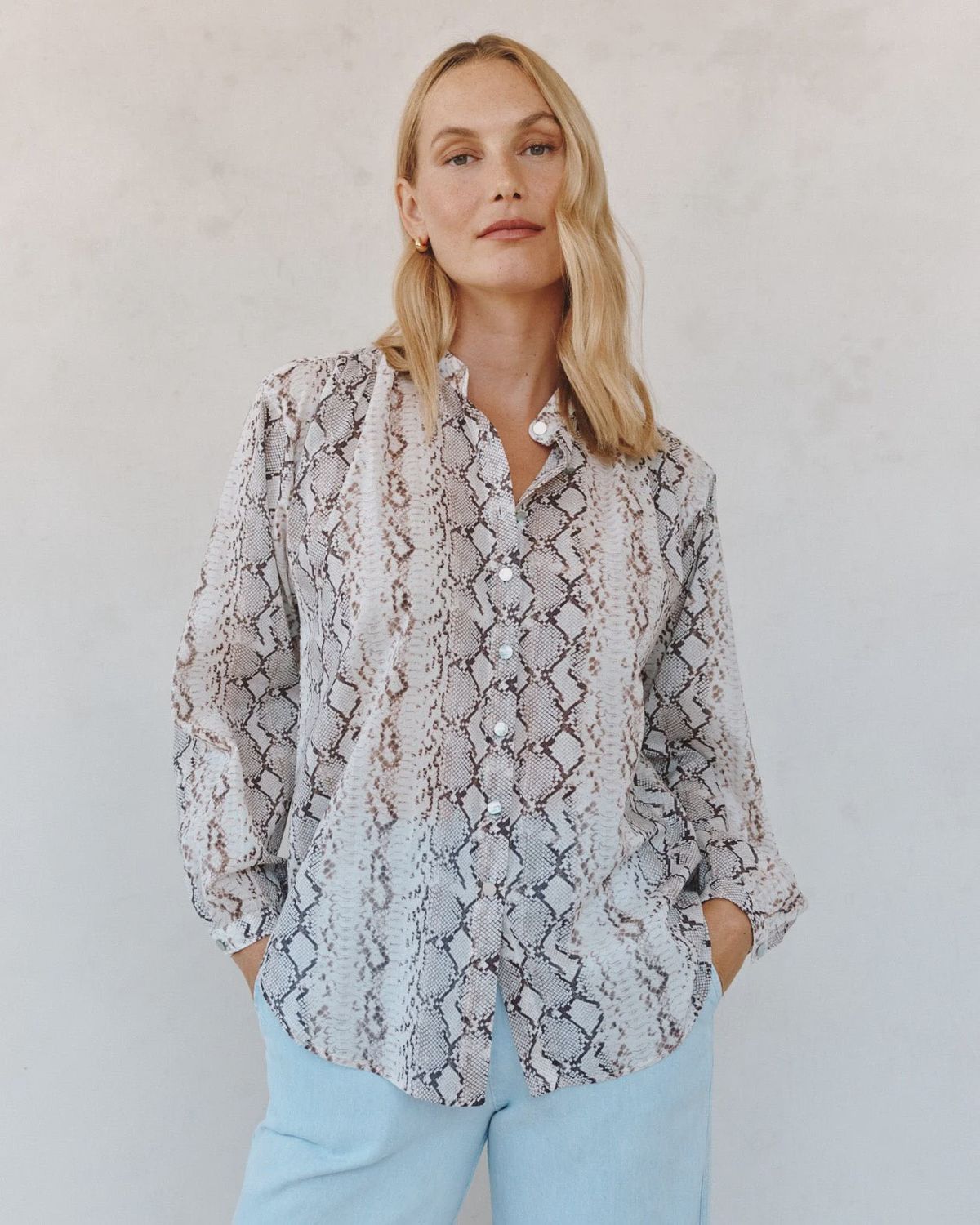 Shirred Mandarin Collar Shirt