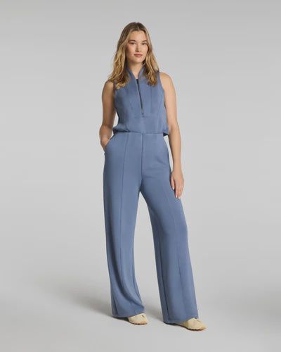 Shawl Collar Half Zip Jumpsuit, COLOR: Rain, Size: S