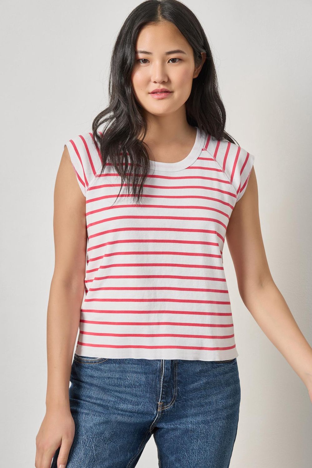 Rib Stripe Short Sleeve Scoop Neck
