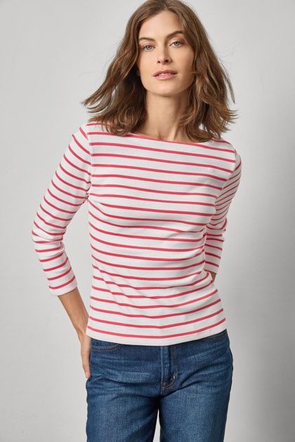 Rib Stripe 3/4 Boatneck, COLOR: Geranium Stripe, Size: XS
