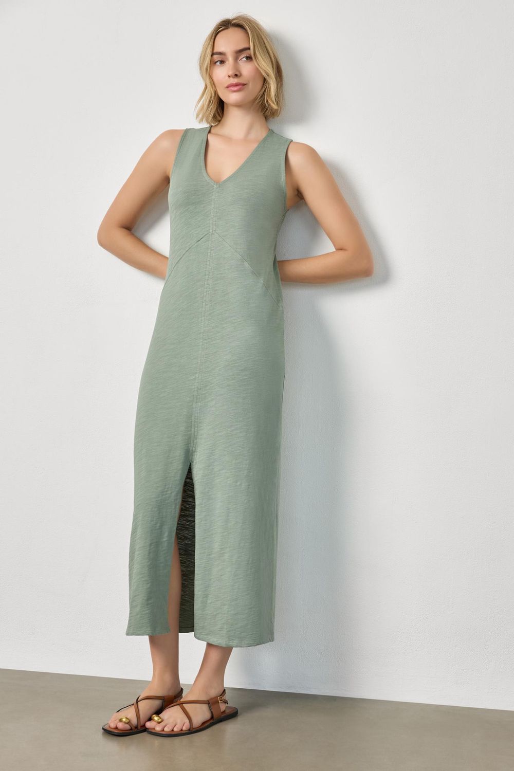 V-Neck Seamed Maxi Dress, COLOR: Sage, Size: XS
