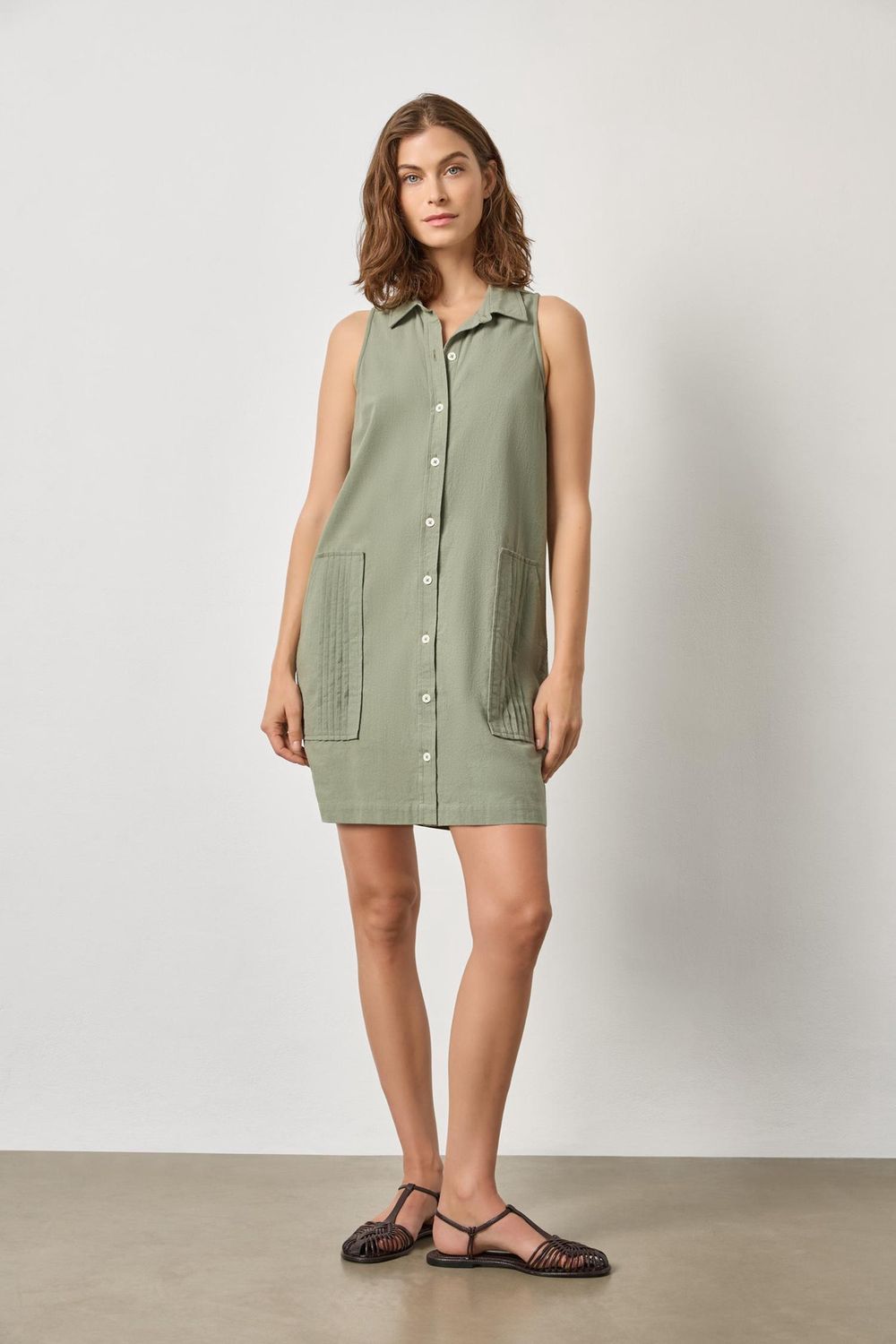 Sleeveless Pleat Pocket Dress, COLOR: Sage, Size: XS