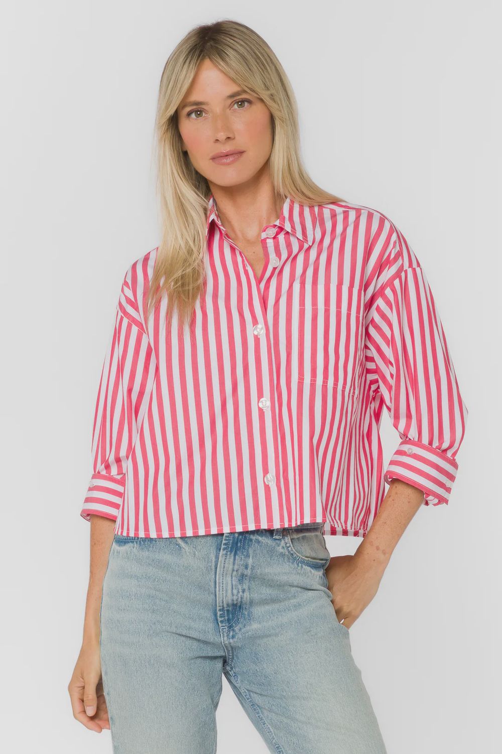 Stormi Button Down, COLOR: Raspberry Stripe, Size: XS