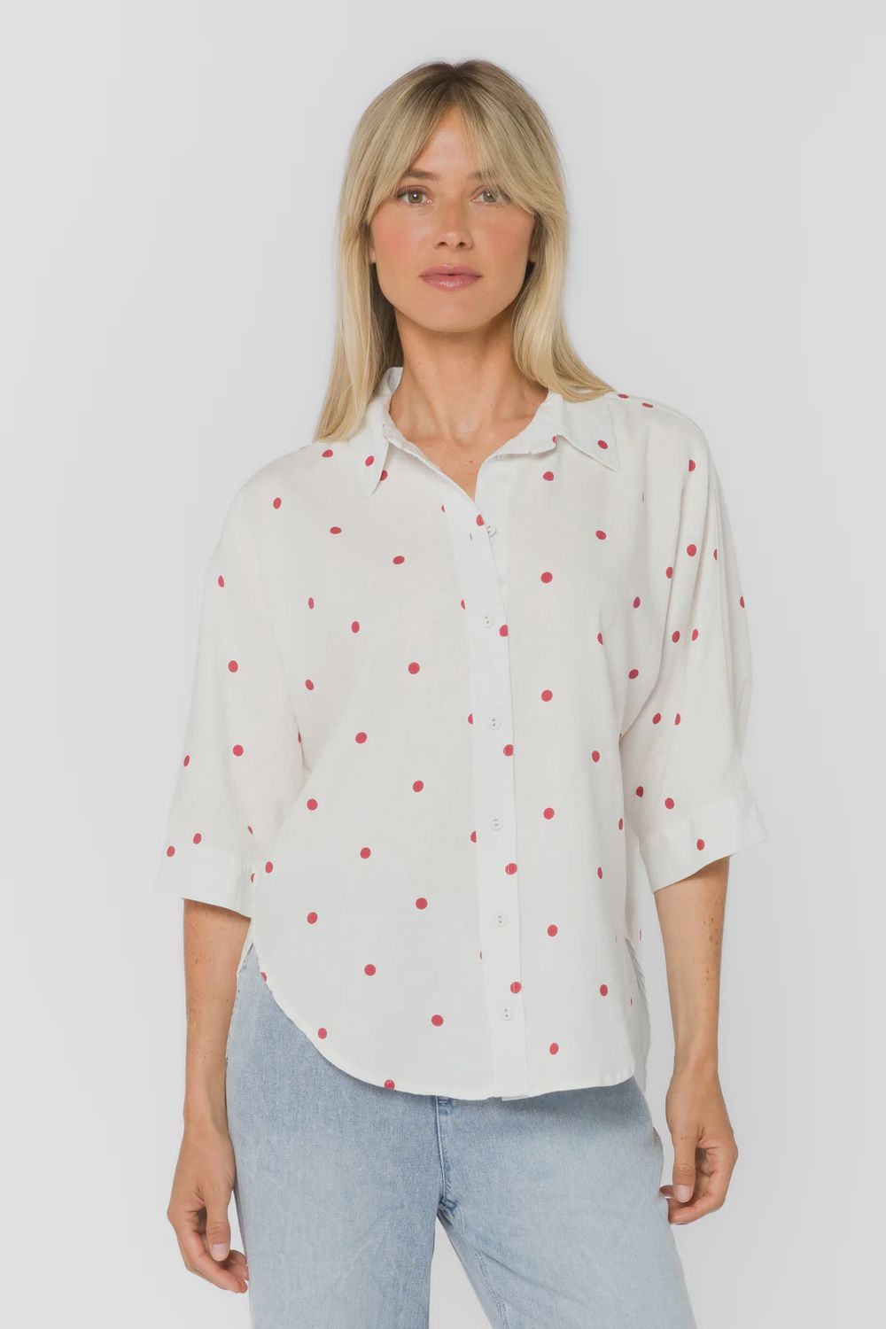 Merle Button Down, COLOR: Red Polka Dot, Size: XS