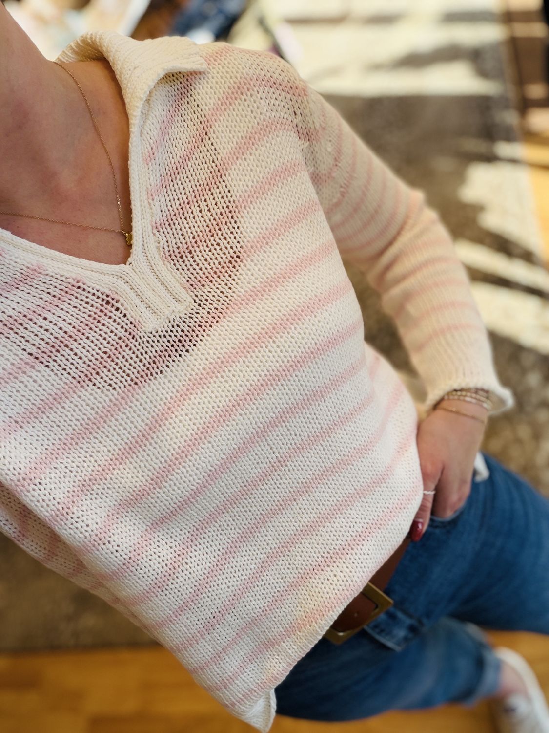 Marin Pink Striped Polo Top, COLOR: Breaker White/Pink Stripe, Size: XS/S