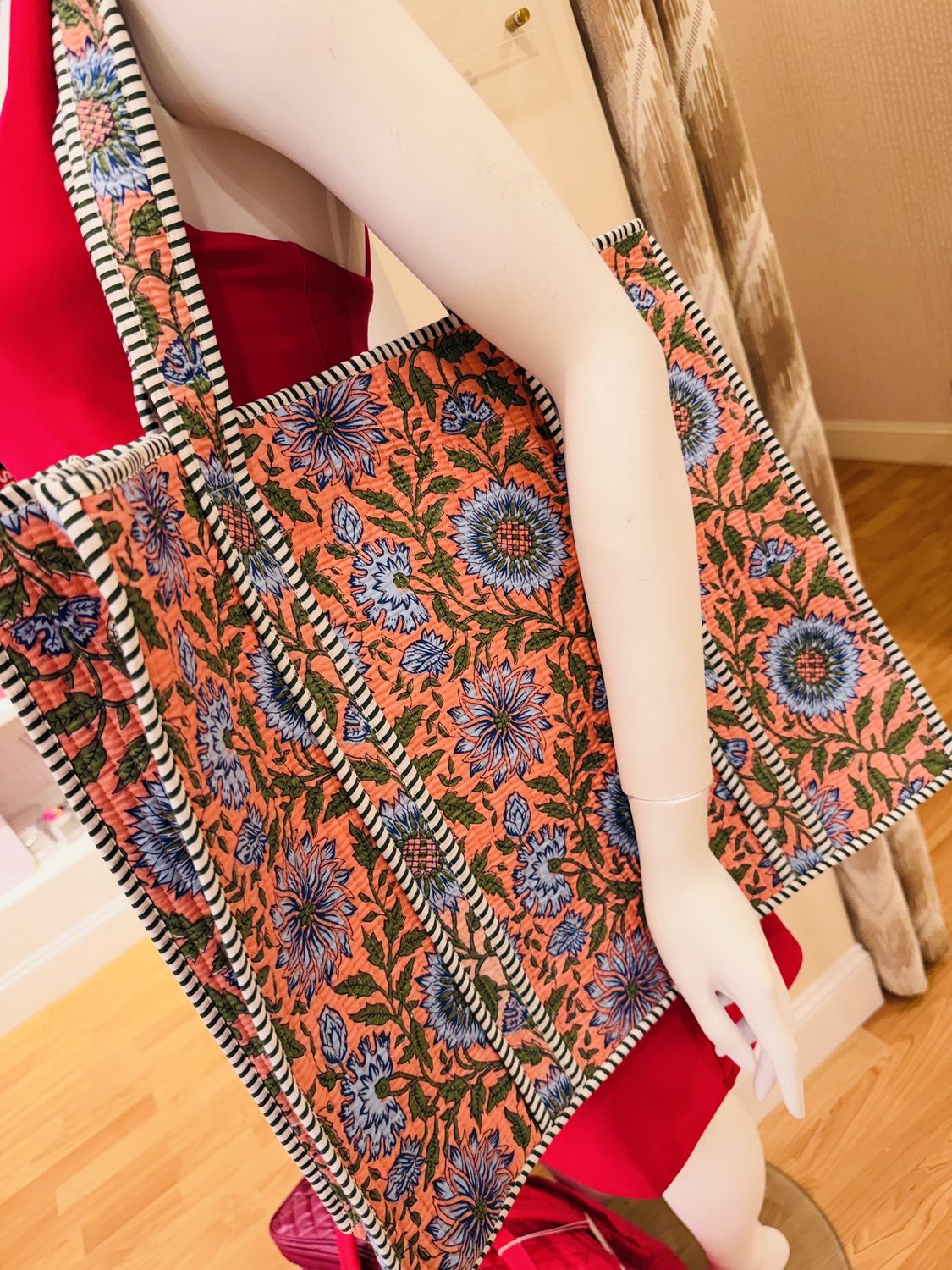 Large Quilted Tote Bag, COLOR: Coral &amp; Blue Floral