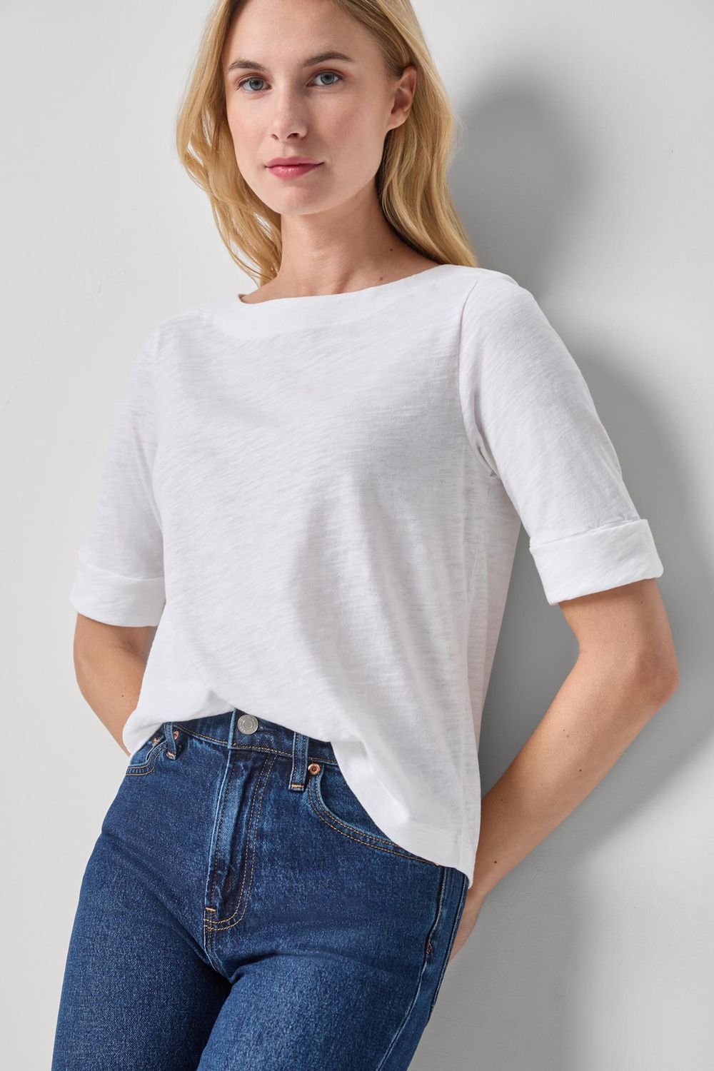 Cuffed Sleeve Boatneck, COLOR: White, Size: XS