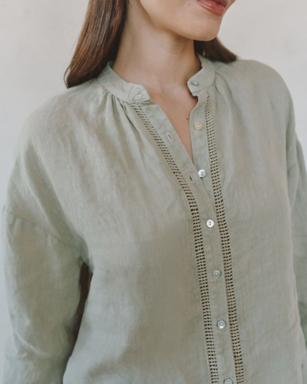 Mandarin Collar Trimmed Button Down, COLOR: Green Tea, Size: XS