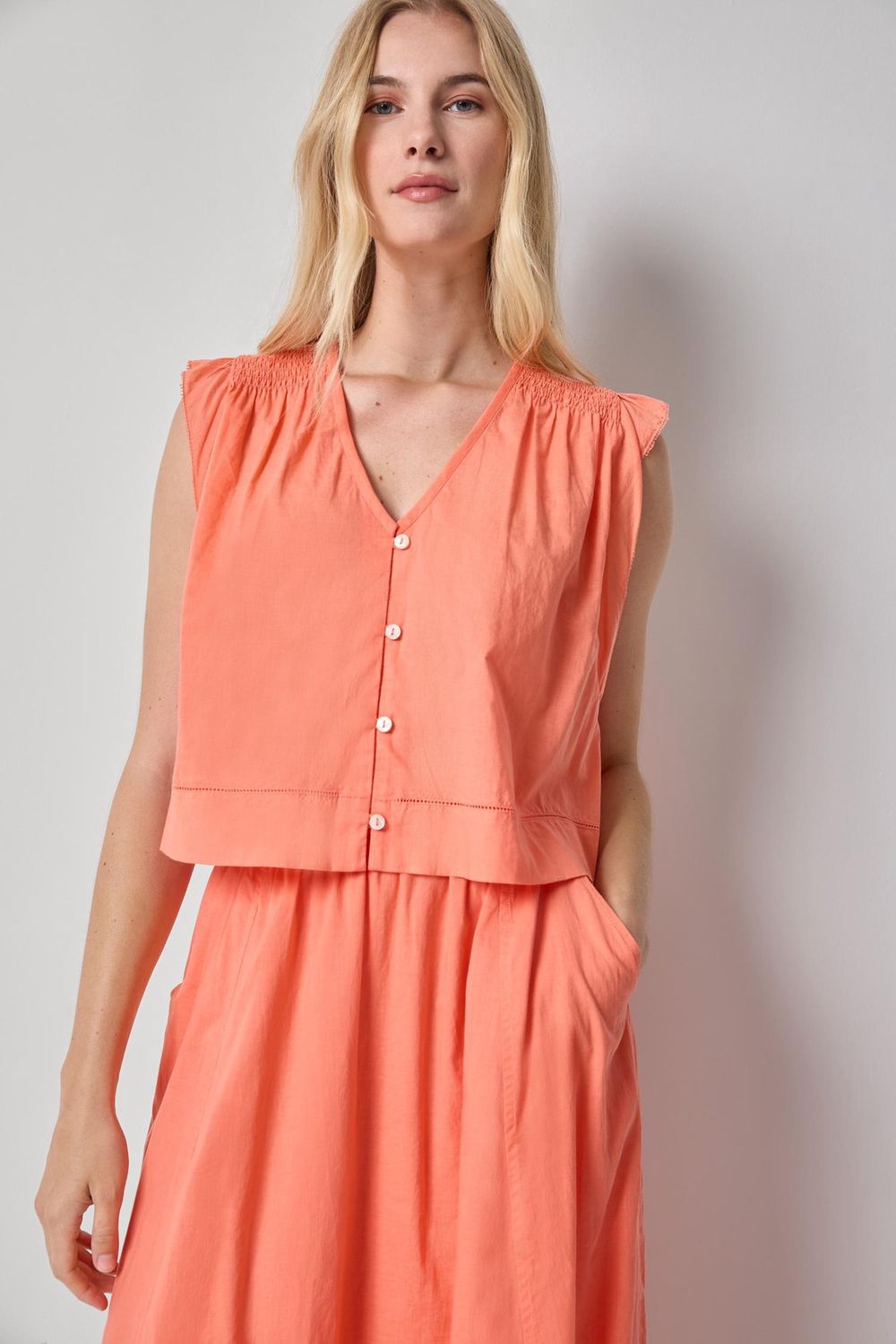 Smocked Shoulder V-Neck