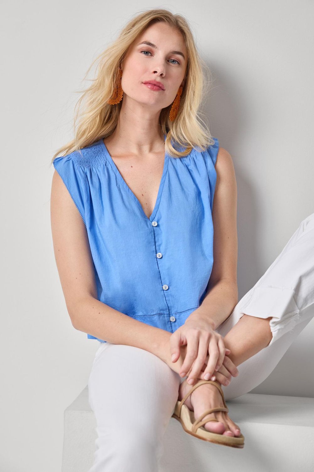 Smocked Shoulder V-Neck