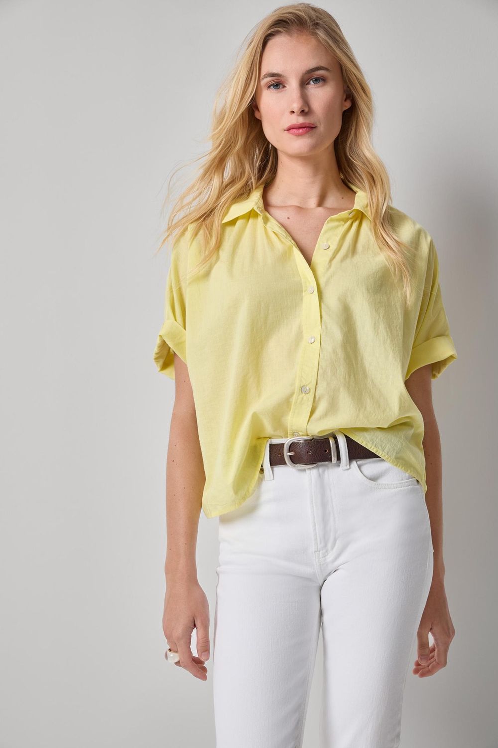 Elbow Sleeve Button Down, COLOR: Lemon, Size: S