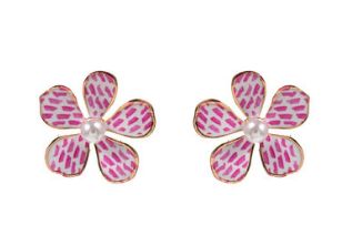 Printed &amp; Patterned Flower w/Pearl Earrings, COLOR: Pink/Gold