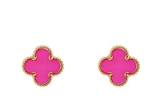 Colored Shell Clover Stud Earrings, COLOR: Fuchsia