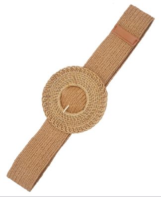 Basket Weave Circle Buckle Straw Belt, COLOR: Tan