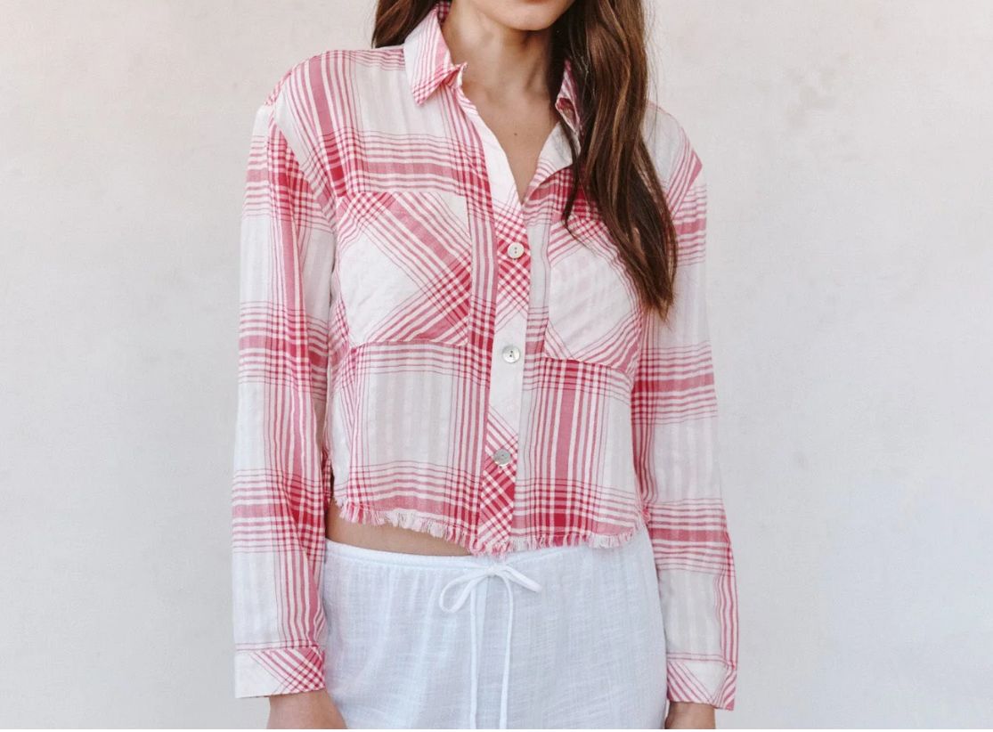 Two Pocket Fray Hem Crop Shirt, COLOR: Pink Sunset Shadow Plaid, Size: XS