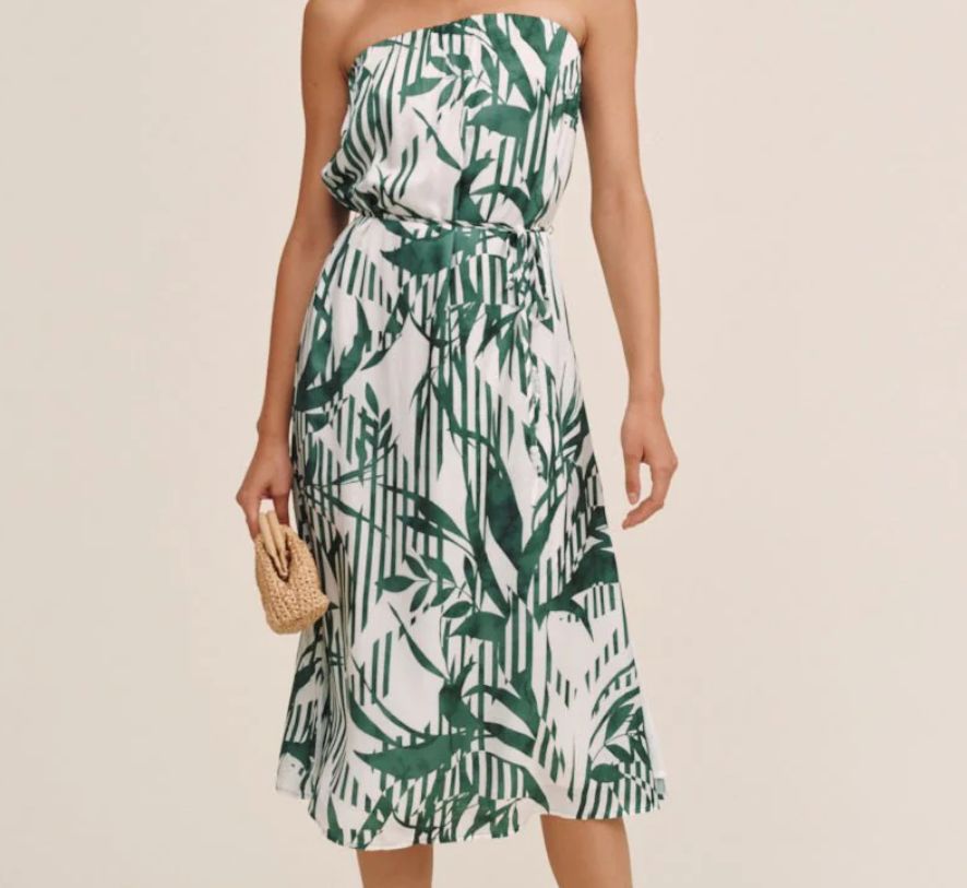 Flowy Strapless Midi Dress - Palm Paradise Print