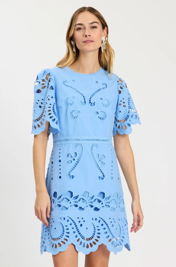 Lacey Open Embroidered Dress, COLOR: Vista Blue, Size: XS
