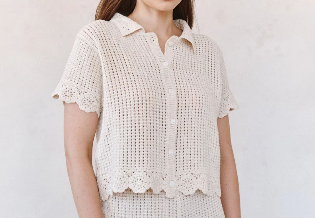 Short Sleeve Crochet Button Down, COLOR: Flower Bloom, Size: XS