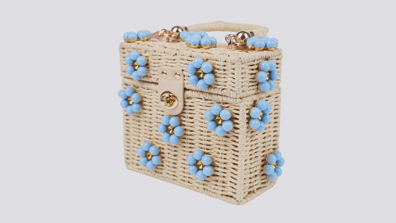 Wicker Bucket Daisy Flower Purse, COLOR: Cream + Blue Daisy