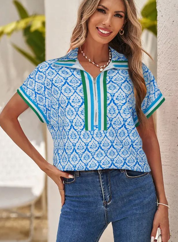 Colorblock Regular Shift Short Sleeve Blouse, COLOR: Sky blue, Size: M
