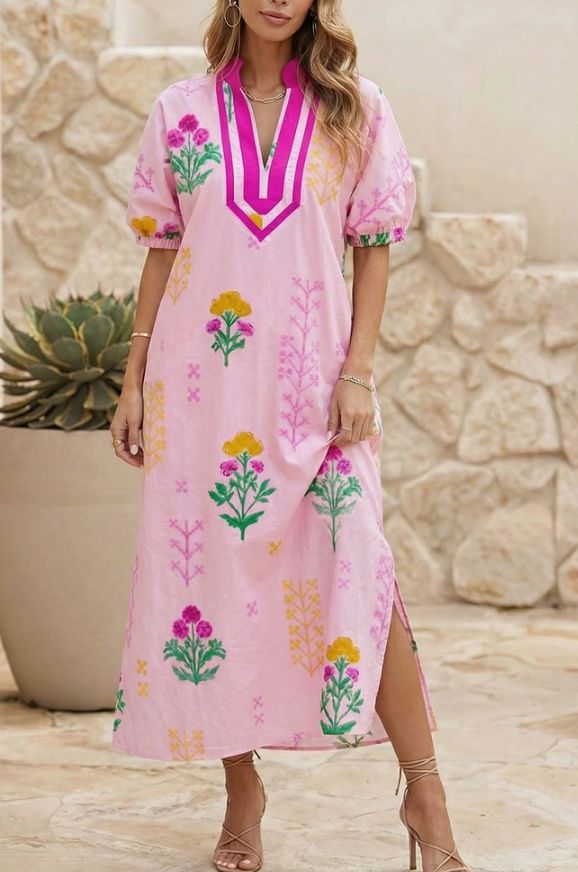 Floral Shift V Neck Short Sleeve Dress, COLOR: Pink, Size: M