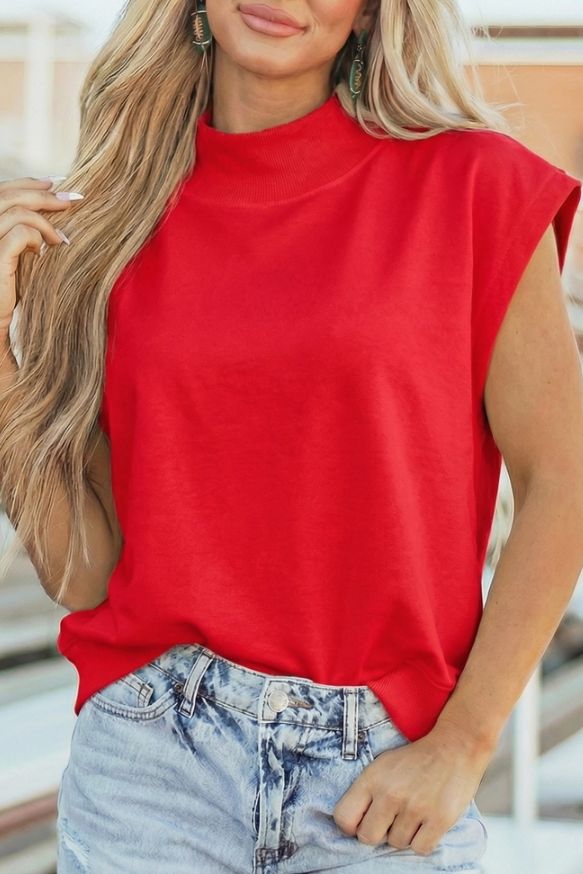 Solid Color Mock Neck Cap Sleeve Loose Top, COLOR: Racing Red, Size: S