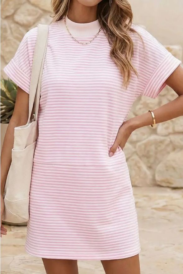 Stripe Cuffed Short Sleeve Contrast Mock Neck Tee Dress