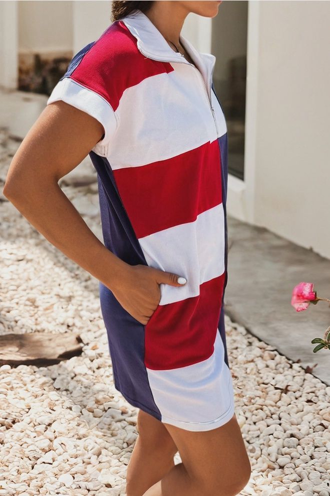 Colorblock Striped Zip Tshirt Dress