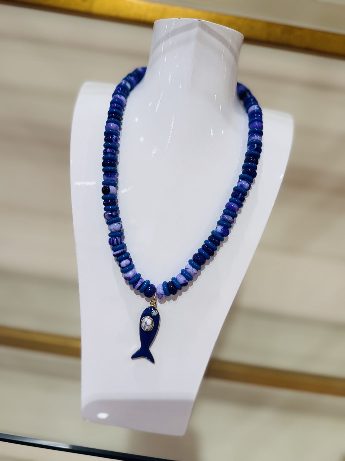 Royal Marble Beaded Fish Necklace, COLOR: Blue