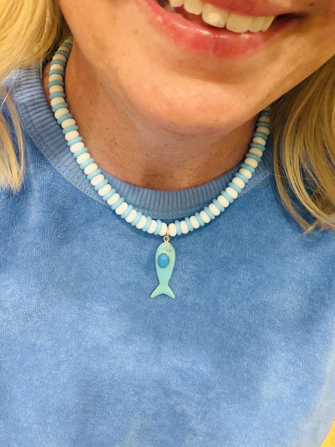 White &amp; Carolina Blue Beaded Fish Necklace