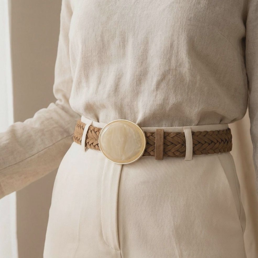 Round Buckle Vegan Leather Braided Belt