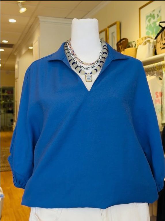 V-Neck Collar Top, COLOR: Royal, Size: S