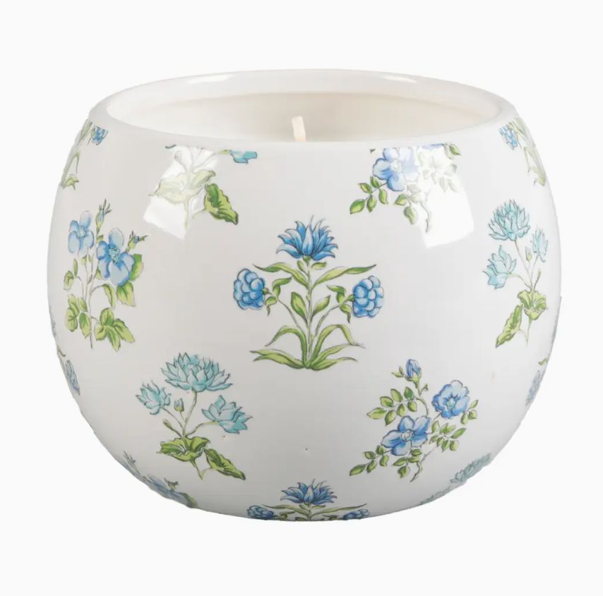 5.25" Ceramic Blue Floral Candle, SCENT: Garden Terrace