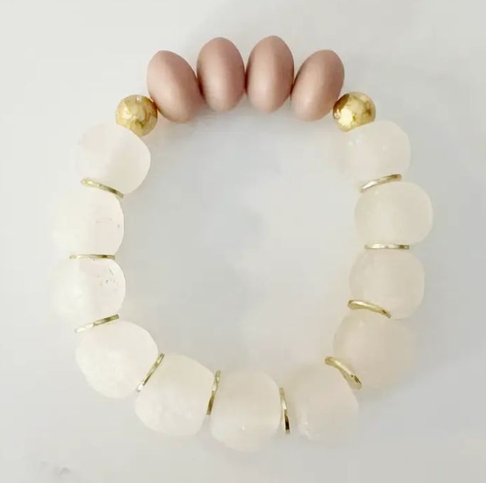 Acrylic Resin &amp; Recycled Glass Bead Stretch Bracelet- Taupe