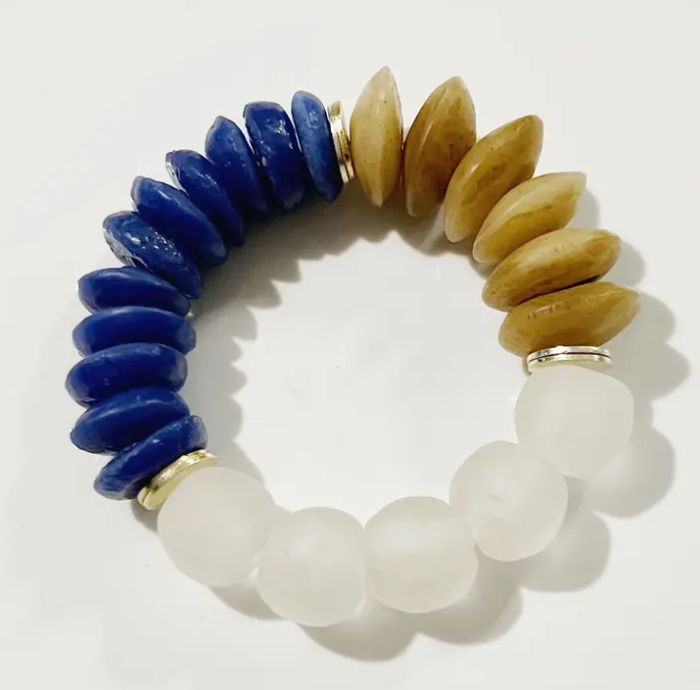 Bone, Blue Ashanti Glass &amp; Recycled Glass Stretch Bracelet