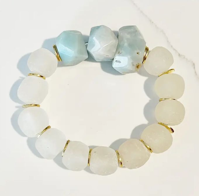 Gemstone &amp; Recycled Glass Bead Stretch Bracelet Amazonite