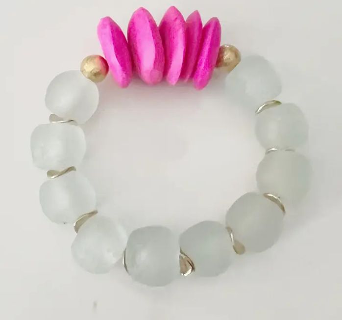 African Bone &amp; Recycled Glass Bead Stretch Bracelet- Pink