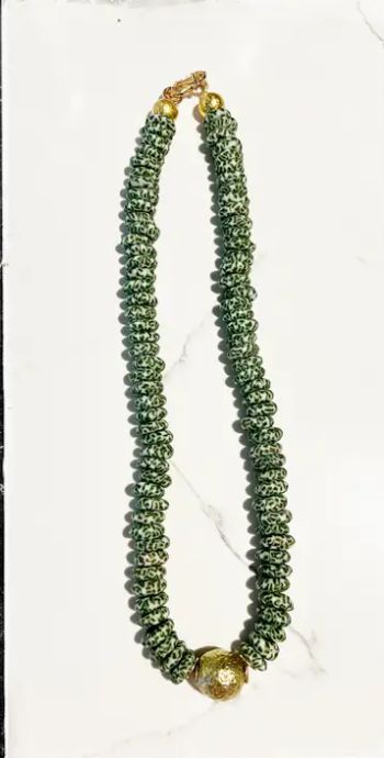 Green Earth Recycled Glass Short Necklace Brass Ball Pendant