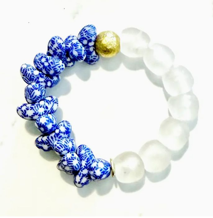 Recycled Canoe Glass Bead Stretch Stacking Bracelet - Blue